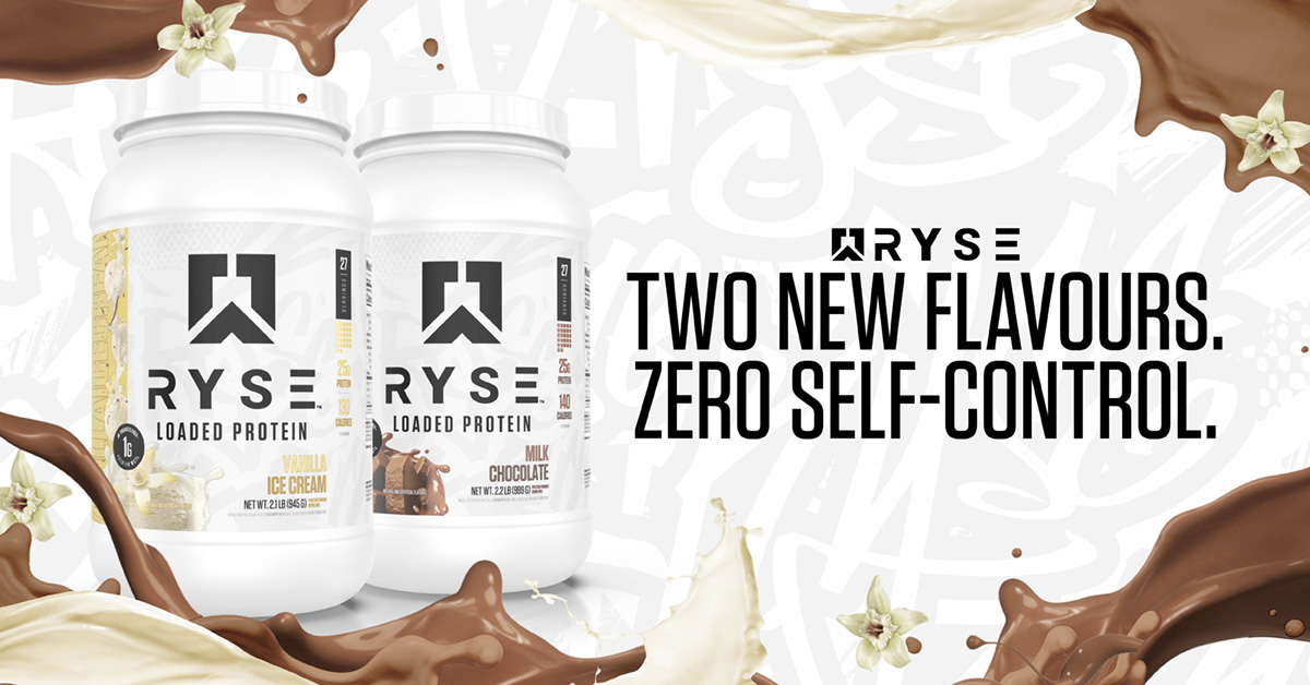 Two tubs of RYSE Loaded Protein in Vanilla Ice Cream and Milk Chocolate flavors, surrounded by splashes of chocolate and vanilla cream with vanilla bean flowers, titled "Two New Flavours. Zero Self-Control."